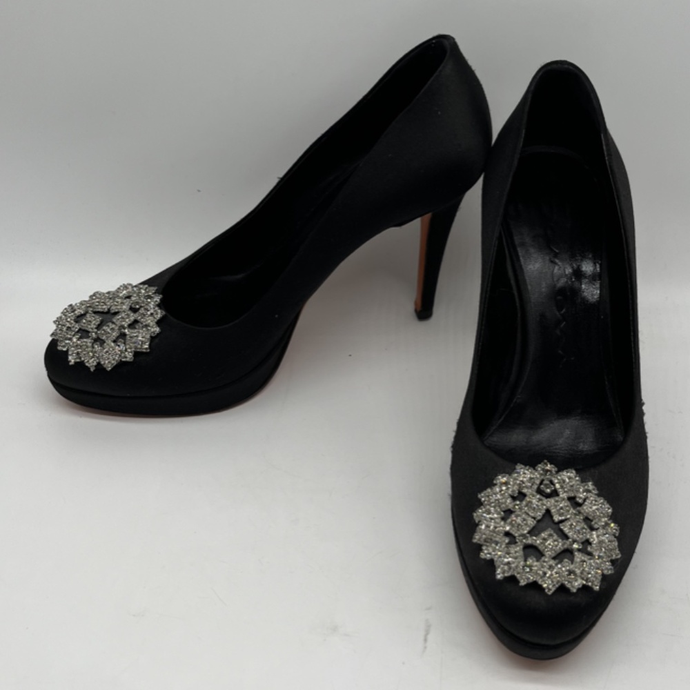 Santoni Black Satin Platform Pointed Toe Embellished Pumps sz 37.5